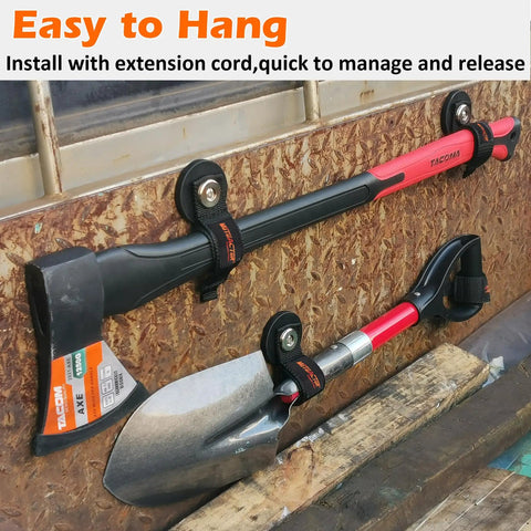 Two Pack Heavy Duty Magnetic Hooks With Rubber Coated Magnets Strong Hold Up To 20 Lbs holding axe and shovel on workshop wall