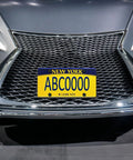 Front License Plate Bracket Mounting Kit For Bumpers With No Holes Or Two Pre Drill Holes No Sweat Install Universal Car Tag Adapter With Anti Theft Stainless Steel Screw Bolt Caps installed on car grille
