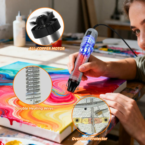 Mini Heat Gun With Dual Temperature Control 482F And 662F for crafting, shown in use on colorful canvas with ergonomic design focus