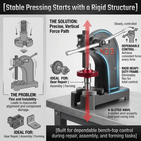 3 Ton Manual Arbor Press Built Like A Tank Heavy Duty Desktop Hand Press With Robust Cast Iron Construction And 12 Inch Work Height For No Sweat Stamping Bending And Precision Forming Operations, showing precise vertical force path.