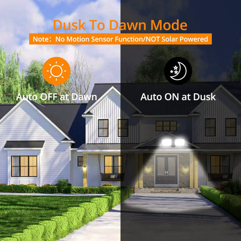2 Pack 19W Dusk To Dawn LED Security Flood Lights With 2000 Lumens illuminating house at night, off during day