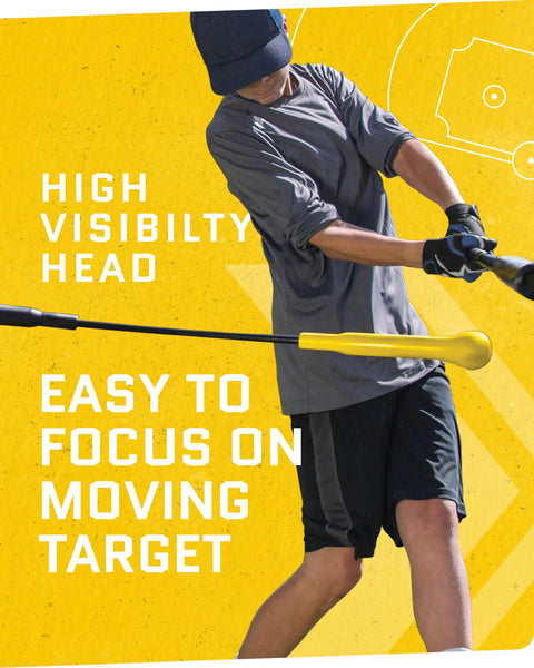 Person using Hurricane Batting Swing Trainer For Baseball And Softball With A Durable Swing Arm Four Power Band System, yellow target head visible.