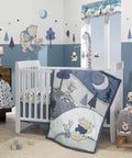 Pooh Themed Lamp With Shade And Bulb For Kids Room next to a white crib in a Winnie the Pooh decorated nursery.