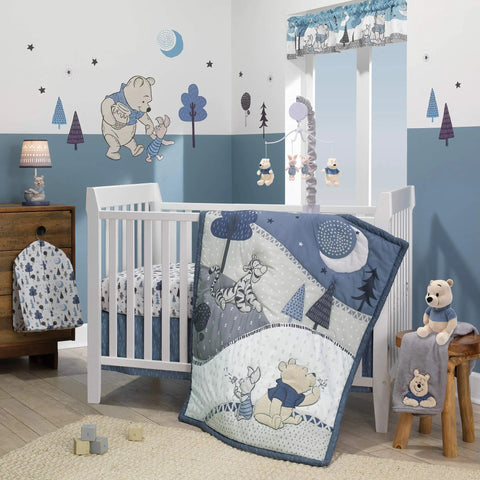 Pooh Themed Lamp With Shade And Bulb For Kids Room next to a white crib in a Winnie the Pooh decorated nursery.
