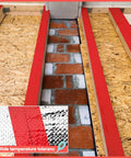 Built Tough Red Construction Seaming Tape Three Inches Wide By Fifty Five Yards Heavy Duty Sheathing Sealant applied on insulation.