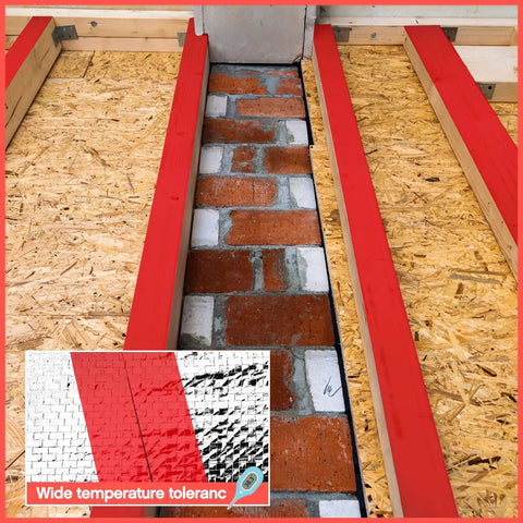 Built Tough Red Construction Seaming Tape Three Inches Wide By Fifty Five Yards Heavy Duty Sheathing Sealant applied on insulation.