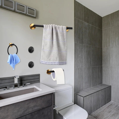 Bathroom with Matte Black 10 Piece Bathroom Hardware Set In SUS304 Stainless Steel Includes Two 16 Inch Hand Towel Bars and Accessories