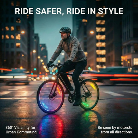 Cyclist using Rechargeable 9 Color LED Bicycle Spoke Lights With 21 Modes And Motion Sensor Auto On Off Waterproof Night Riding Gear