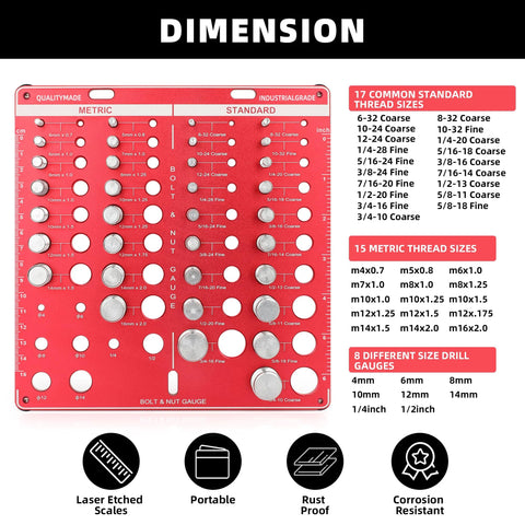 Front view of red bolt and nut gauge with 19 standard sizes, 15 metric sizes, 8 drill gauges, and a 6 in/15 cm ruler.