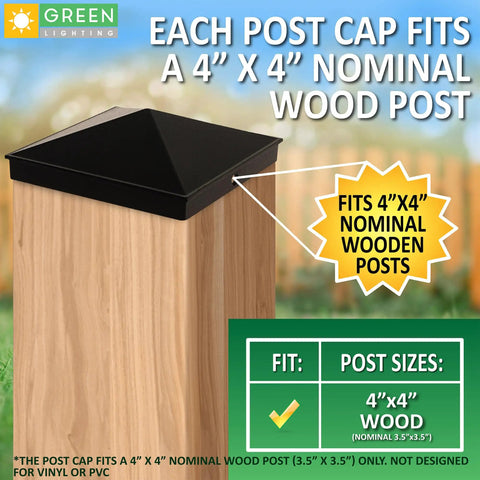 12 Pack 4X4 Aluminum Pyramid Post Cap Covers For True 3.5X3.5 Nominal Wood Posts Matte Black Outdoor Weatherproof Durable Aluminum Construction Maintenance Free Powder Coated Finish Great For Fence Posts And Decks In Your Backyard shown on wooden post with diagram