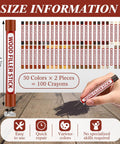 100 Pcs Wood Filler Sticks With 50 Colors For DIY Quick Scratch Repair On Wood Furniture Floors Cabinets Tables And Doors, Wax Crayons For Gouges, Cracks, Scuffs, And Scratches, Easy Home Fix Kit, display of crayons with size information and hand using a stick on wood surface.