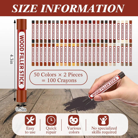 100 Pcs Wood Filler Sticks With 50 Colors For DIY Quick Scratch Repair On Wood Furniture Floors Cabinets Tables And Doors, Wax Crayons For Gouges, Cracks, Scuffs, And Scratches, Easy Home Fix Kit, display of crayons with size information and hand using a stick on wood surface.