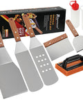 Eight Piece Griddle Tools Set Pro Grade Heavy Duty Stainless Steel Spatula Kit For Grill Griddle Hibachi Flat Top Outdoor Cooking With Scraper Brush Chopper And Bottles Ideal Gift For Grill Lovers Birthday Or Wedding, with wooden handles and 2 bottles, displayed with packaging.