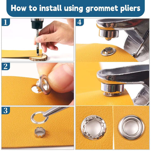Step-by-step guide using All In One 1403 Piece Grommet Kit With One Quarter Inch Grommets Eyelet Punch Pliers for installation