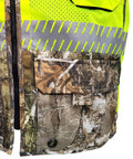 Kickass Class Two Surveyors Safety Vest Featuring Sleek Camo Lower Panel And Striking Reflective Taping Built From Zero Sweat Polyester Mesh For Daily Crew Grind Or Weekend Wild Hunt Ready Setup In Large, showing camouflage pockets and reflective taping.