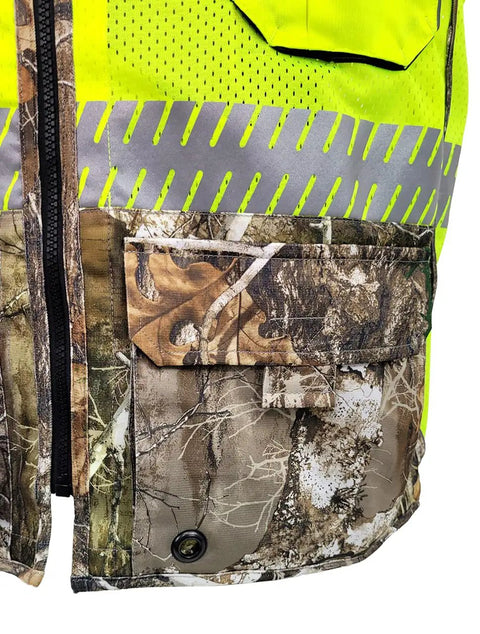 Kickass Class Two Surveyors Safety Vest Featuring Sleek Camo Lower Panel And Striking Reflective Taping Built From Zero Sweat Polyester Mesh For Daily Crew Grind Or Weekend Wild Hunt Ready Setup In Large, showing camouflage pockets and reflective taping.