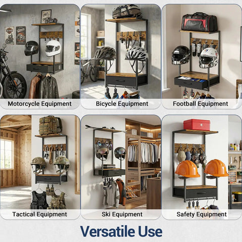 Heavy Duty Motorcycle Helmet Wall Mount With Dang Tough Waterproof Steel Construction And Roomy Fabric Drawer For Storing Jackets Boots Helmets And Ride Essentials To Keep Garage Clean, featuring multiple sports gear.