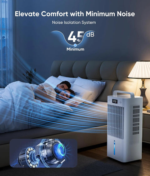 Portable 3-In-1 Evaporative Air Cooler With Remote And Touch Control next to sleeping couple, 90 degree oscillation feature