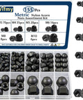 All In One Black Nylon Acorn Nut Kit With M3 To M10 Sizes, 155 Pieces displayed in clear case, dome head caps for bolts