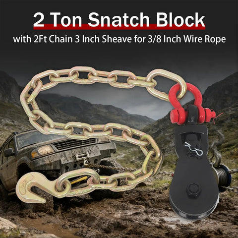 Heavy Duty 2 Ton Snatch Block With 2 Ft Steel Chain And 3 Inch Sheave For Lifting, Towing, And Winching On Demandin