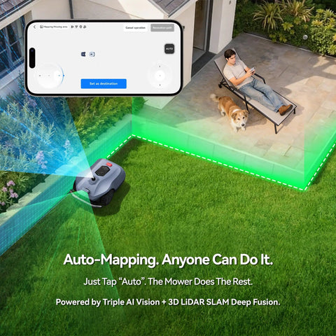 X2 Pro Auto Mapping Robot Lawn Mower with Perimeter Wire Free Setup showing 360 Degree LiDAR and AI Vision in a garden
