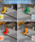 Four Step Quick Polish Diamond Pads Kit showing 4-inch pads on grinder for granite concrete quartz marble countertops