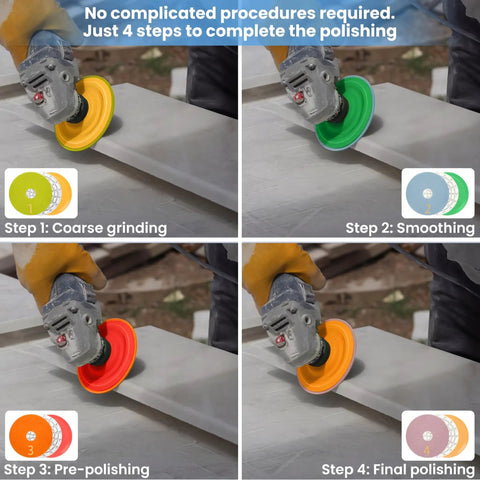 Four Step Quick Polish Diamond Pads Kit showing 4-inch pads on grinder for granite concrete quartz marble countertops