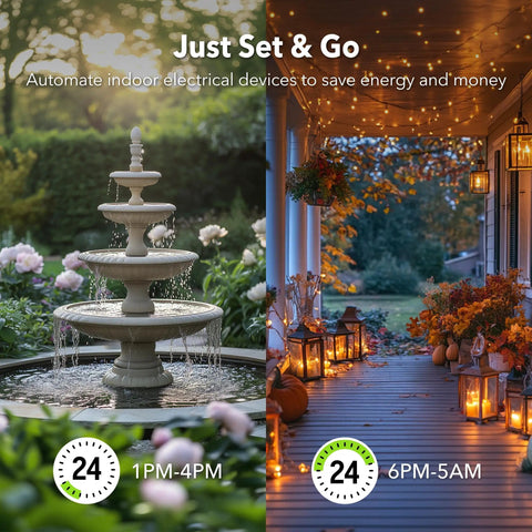 Side-by-side image of garden fountain and porch lit with lights, highlighting Heavy Duty Outdoor Mechanical Timer With Two Grounded Outlets Waterproof Built To Last 30 Minute Interval Programmable 24 Hour Repeating Schedule For Your Christmas Lights And Pool Pumps ETL Listed.