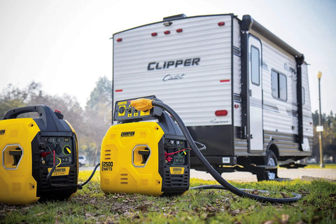 Ultralight 2500-Watt Inverter Generator With Quiet Tech near RV, showing portability and use for camping power.