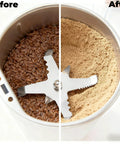Compact Electric Flax Seed Grinder for Smooth Fresh Grinding showing whole flax seeds before and ground powder after.