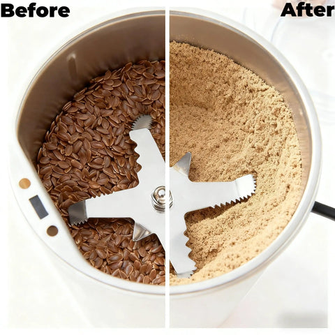 Compact Electric Flax Seed Grinder for Smooth Fresh Grinding showing whole flax seeds before and ground powder after.