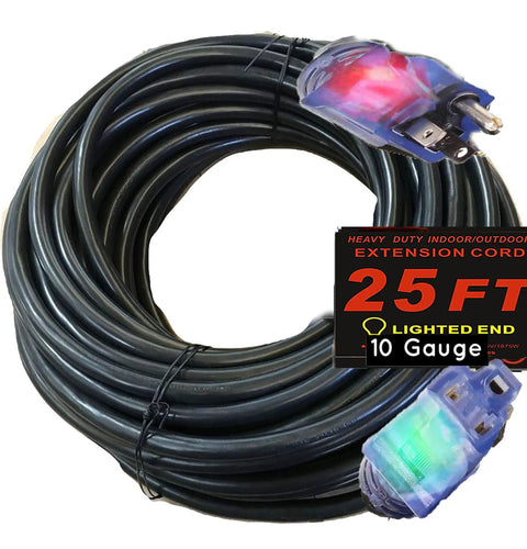 25 Foot 10 Gauge Extension Cord With Lighted Ends Contractor Grade Heavy Duty 15 Amp 125 Volt 1875 Watt Indoor Outdoor Use UL Listed Tangle Resistant Durable