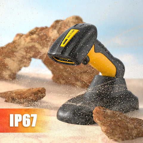 Rugged Industrial Bluetooth Barcode Scanner With Charging Dock, 2D And 1D Wireless Reader, IP67 Waterproof on sand