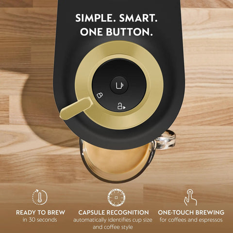 Top view of Vertuo Pop Deluxe Coffee And Espresso Maker With Aeroccino Milk Frother, matte black gold finish on a wooden counter.