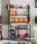 Five Tier Disc Golf Storage Rack With Angled Shelves And Hooks On Wheels, organized with discs, balls, and accessories.