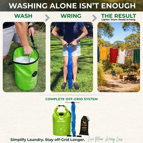 Manual Clothes Wringer For Camping And Travel Ultra Light Hand Wash Spinner Kicks Excess Water Out Fast Portable Laundry Helper in use outdoors