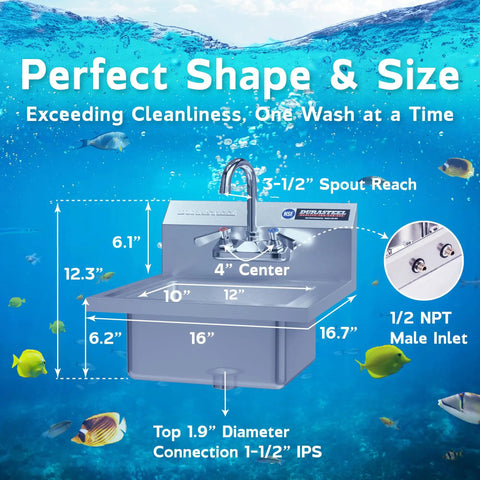 Stainless Steel Wall Mount Hand Sink for Commercial Kitchens and Laundries, 12 By 10 Inch Basin With 5.5 Inch Depth, diagram view.