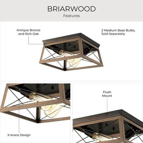 Two-Light Briarwood Flush Mount Ceiling Light In Antique Bronze With Faux Wood Oak Finish, 12 By 6 Inch, X-brace design detail