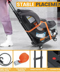 Side view of Orzbow car seat dolly in black with orange strap; four wheels and adjustable handle.