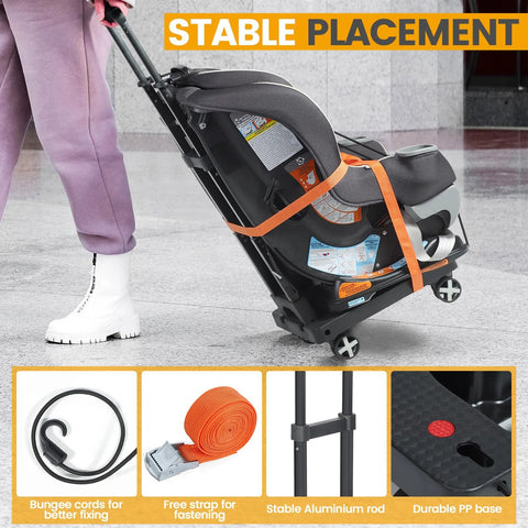 Side view of Orzbow car seat dolly in black with orange strap; four wheels and adjustable handle.