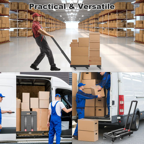 Warehouse worker using Foldable Dolly Cart With 500 Lb Capacity, Built Like A Tank, Six Wheel Design, Heavy Duty Hand Truck On Wheels