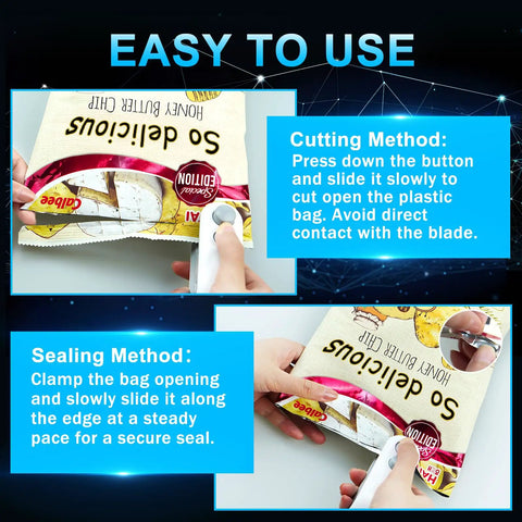 Instructional use of Mini 2 In 1 Bag Sealer And Cutter Portable USB C Rechargeable Heat Seal Machine With Magnet For Plastic Bags White Resealer Gadget For Kitchen And Travel Handy On The Go Must Have.