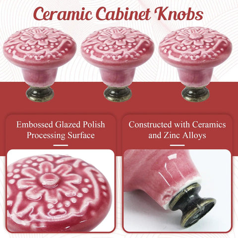 Premium Rose Red Ceramic Cabinet Knobs Set Of Eight Drawer Handles Featuring Rock Solid Zinc Alloy Base And Killer Embossed Glaze Finish For Quick Vintage Home Decor Upgrades with embossed design