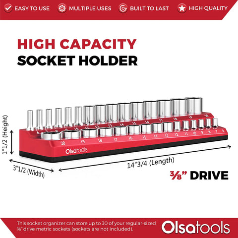 Magnetic Socket Organizer For 3 8 Inch Drive Metric Sockets Holds Up To 30 Sockets With Heavy-Duty Magnets Red Personal Tool Holder