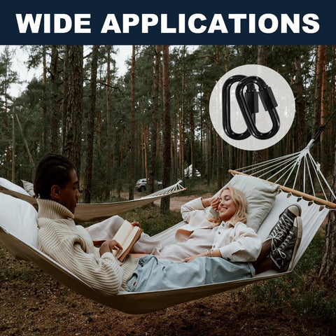 Relaxing in hammock secured with 50 Pack 2 Inch Quick Links And M5 Locking Carabiners Set In Black Galvanized Steel Heavy Duty Chain Connectors