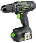 Beefy 20V Cordless Drill With One Half Inch Metal Ratcheting Chuck 450 Inch Pounds Of Torque Two Speed Gear Box 22 Clutch Settings Plus Drill Mode And Electric Brake Includes Two Amp Hour Battery And Charger