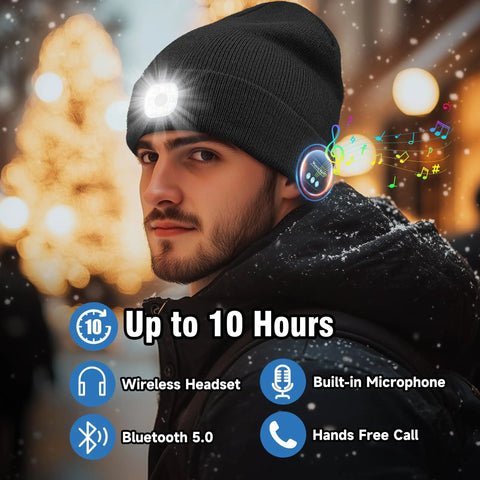 Bluetooth Beanie With Light Built-In 4 LED Headlamp Hat USB Rechargeable for Unisex Winter Wear in snowy outdoor setting