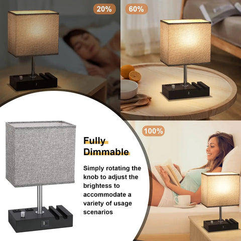 Fully Dimmable Nightstand Lamp With USB C Ports And Phone Stand, grey lamp on a wooden table, brightness levels shown