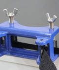 Bench Mount Cylinder Bracket For Gas Cylinders And Canisters showing heavy duty clamp on table with secure straps
