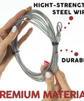 Hands holding galvanized cable of Beefy Heavy Duty Garage Door Cable Kit For 8 Ft Doors 9.6 Ft Length Galvanized Carbon Steel Torsion Spring Wire Rust Proof And Corrosion Resistant Replacement Parts 2 Pack For Fast DIY Fixes
